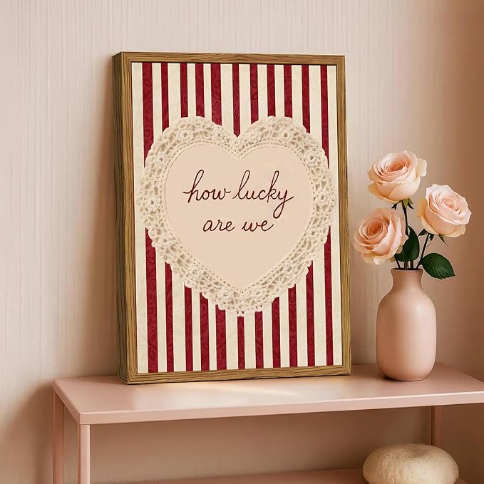 Framed How Lucky Are We Wall Art, Vintage Red Striped Pictures Wall Decor, Romantic Lace Heart Quote Paintings Canvas Prints Coquette Home Decor for Living Room Bedroom Bathroom 16x24 inch