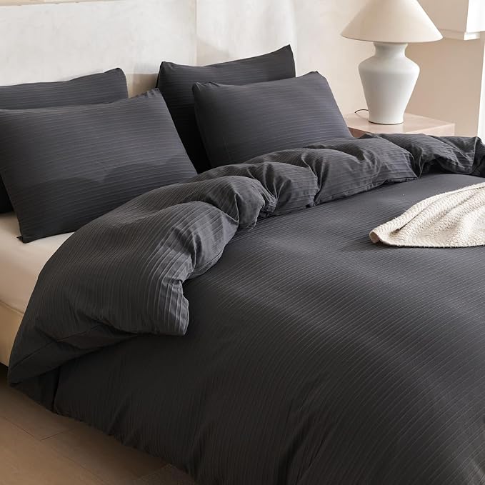 Comforter Set King Dark Grey Soft Luxury Washed Microfiber Jacquard 3 Pieces Bedding, Grey Vertical Ticking Stripes Comforter with 2 Pillowcases Breathable Durable Comfy