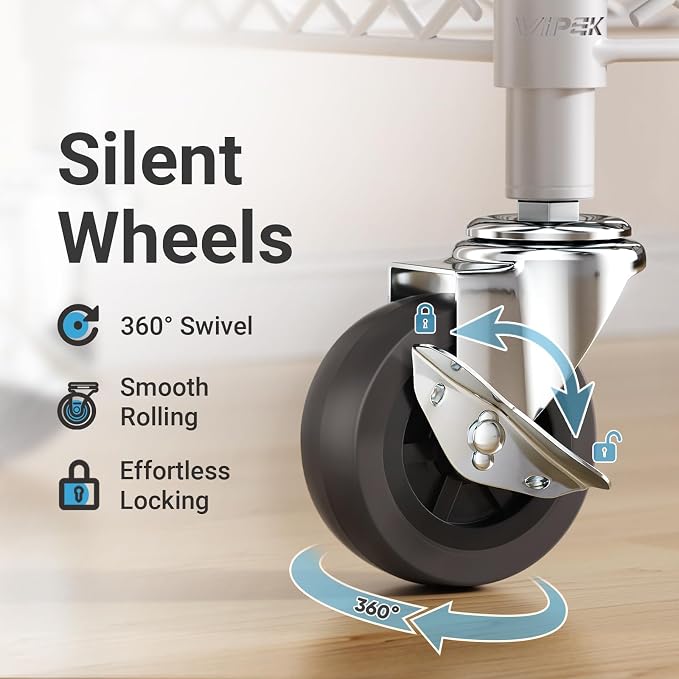 VIPEK R2 Medium Clothes rack for Hanging Clothes Rolling Closet System | Lockable Silent Wheels, Double Hanging Rods, Adjustable Wire Shelving/Side Hooks, Space-Saving for Small Space, 500lbs, White