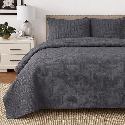 Cozy Line Home Fashions 100% Cotton Quilt Set, Charcoal Gray, Queen | 3-Piece, Geometric Basketweave Quilted Bedspread with Shams, Lightweight, All Season, Modern Bedding