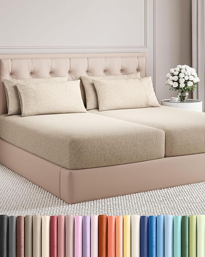 Split King 7 Piece Bed Sheet Set - Breathable & Cooling - Heathered Beige | Ultra-Soft Hotel Luxury Bedding Set w/ 8-16 Inch Deep Pockets, 1 Flat & 2 Fitted Sheet & 4 Pillowcases, Wrinkle & Fade Free