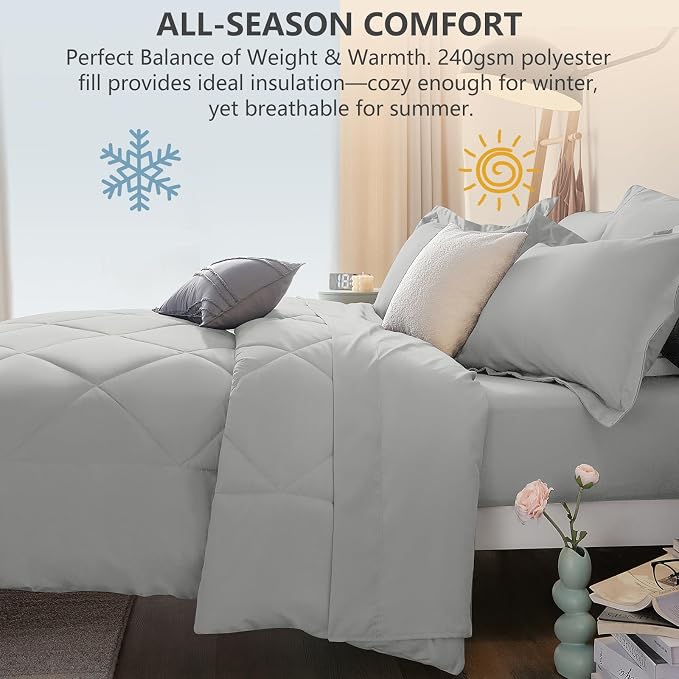 Full Size Comforter Sets Light Grey - 7 Pieces Complete Bedding Set | OEKO-TEX Certified, All Season, 240GSM Down-Alternative Comforter, Sheets, Pillowcases & Shams, 14" Deep Pocket, Easy Care