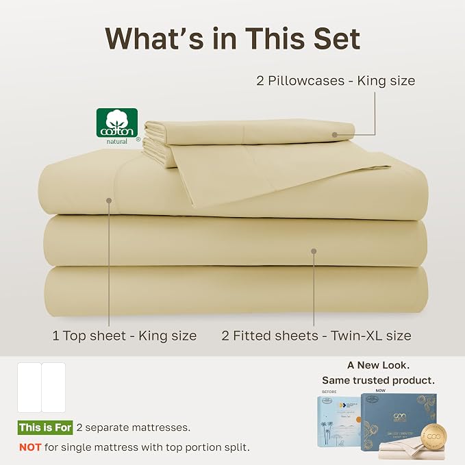 California Design Den 100% Cotton Sateen Split King Bed Sheet Set, 5 Pcs | 500 Thread Count with GH Seal, Split King Sheets Sets for Adjustable Bed with 2 Separate Twin-XL Mattresses, Butter Almond