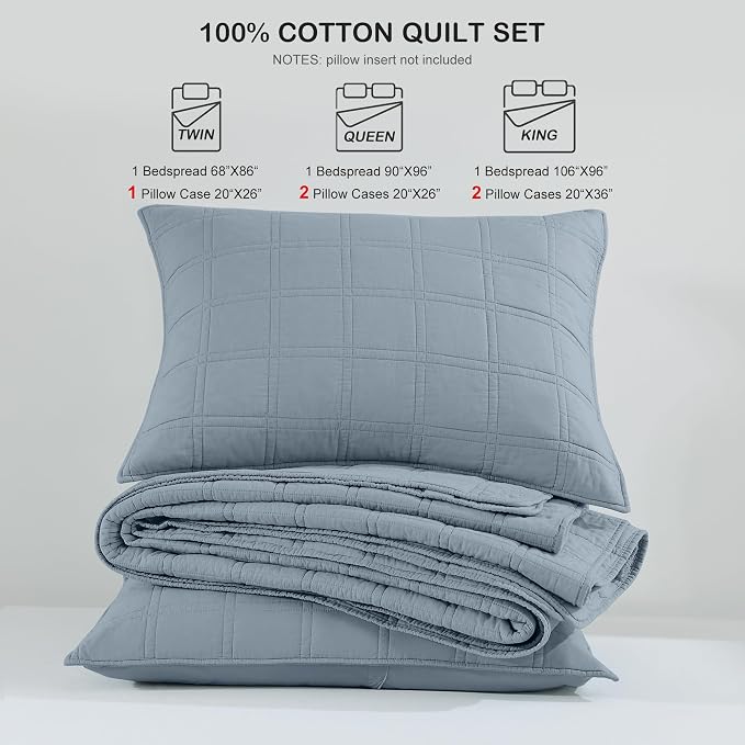 HORIMOTE HOME 100% Cotton Quilt Set Queen Size, Adriatic Blue Pre-Washed Bedspreads Coverlet Set in Geometric Pattern, Cozy Lightweight Stitching Decorative Bedding Cover with 2 Shams for All Season