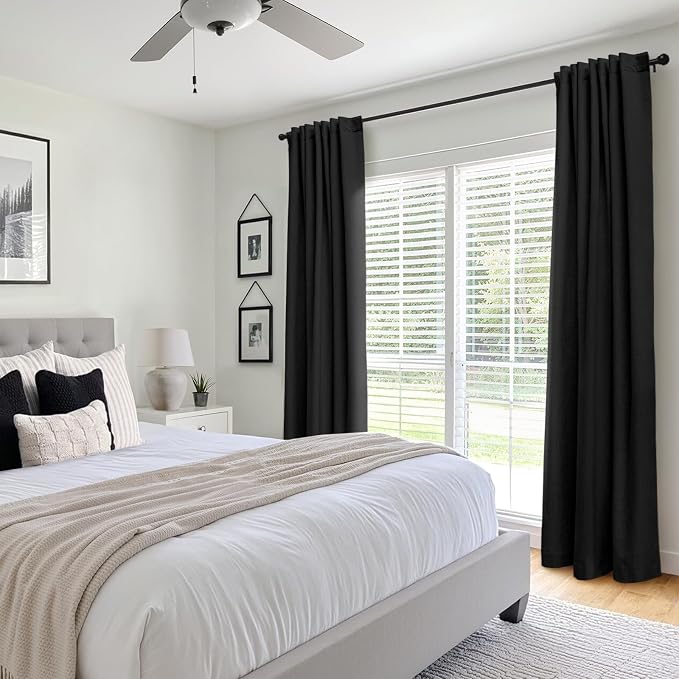 INOVADAY 100% Blackout Linen Curtains for Bedroom 50x102 Inches Black | Linen Textured, Light Blocking, Room Darkening, Thermal Insulated, Back Tab Top, Window Curtains for Living Room, 2 Panels
