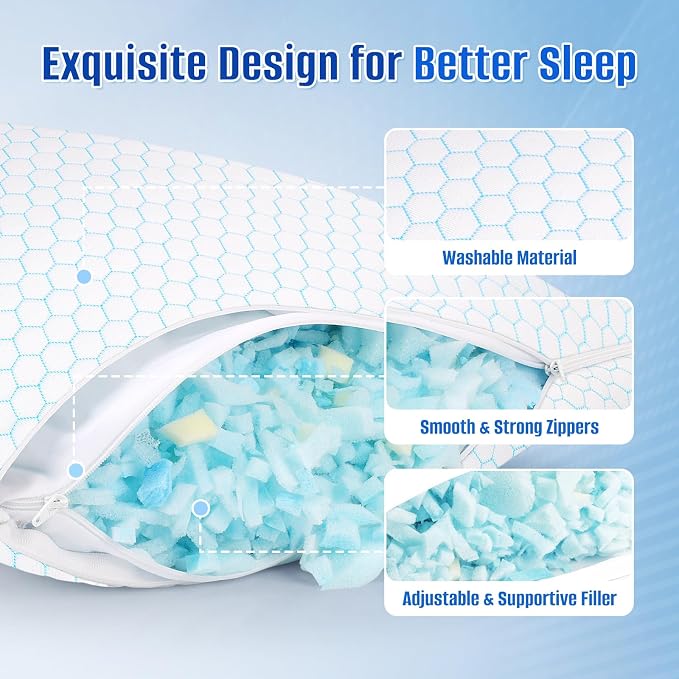 CushyOasis Cooling Pillow for Sleeping, Pillows Standard Size Set of 2,Blue | CertiPUR-US Shredded Memory Foam Pillows, Cool Bed Pillow for Hot Sleepers, Adjustable Firm for Side, Back, Stomach Sleepers