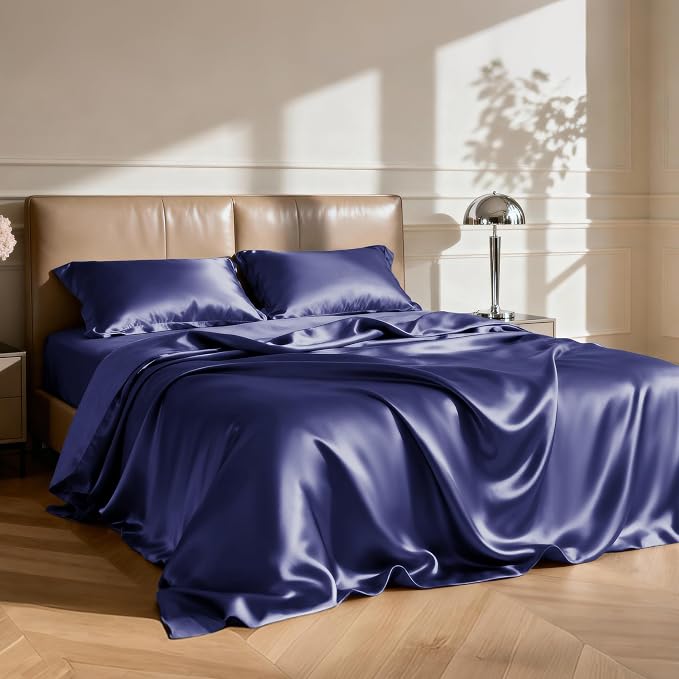 Love's cabin Satin King Sheet Sets - 4 Piece Navy Blue Silky Sheets King Size Bed with Deep Pocket, Luxury Silk Feel King Size Satin Sheet Set (1 Flat Sheet,1 Fitted Sheet,2 Pillow Cases)
