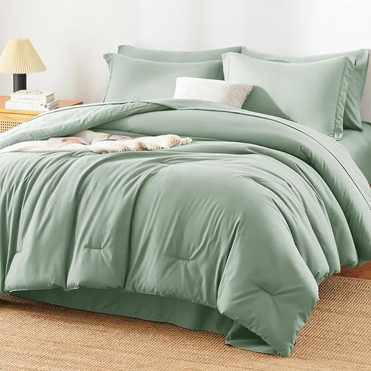 HIMEET Queen Comforter Set, 7-Piece Point-Quilted Bed in a Bag Sage Green | OEKO-TEX Certified, Lightweight 240 GSM Comforter, Flat Sheet, 14-Inch Deep-Pocket Fitted Sheet, Pillowcases & Shams