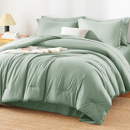 HIMEET Full Comforter Set, 7-Piece Point-Quilted Bed in a Bag, Sage Green | OEKO-TEX Certified, Lightweight 240 GSM Comforter, Flat Sheet, 14-Inch Deep-Pocket Fitted Sheet, Pillowcases & Shams