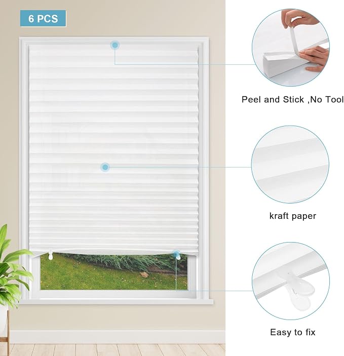 MYshade 6 Pack Temporary Light Filtering Paper Shades for Windows,Paper Pleated Blinds with Adhesive,No Tools No Drilling Free Cut Size Temporary Room Darkening Shades(White, 48" W x 72" H)