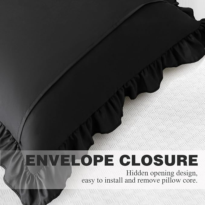 KKJIAF 2 Pack Ruffle Pillow Cases 18x18 Inches, Black | Square Ruffled Pillow Covers, Microfiber Wrinkle Resistant Pillow Shams with Envelope Closure for Sofa Bed Living Room