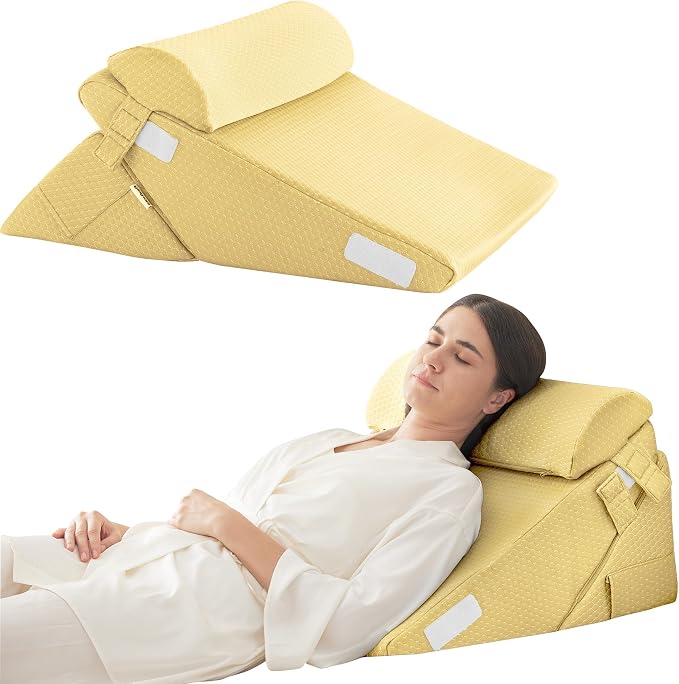Adjustable 3pcs Bed Wedge Pillow Set, Memory Foam Wedge Pillows Post Surgery for Back, Neck, Leg Pain Relief, Pillow Wedge for Sleeping, Sitting up in Bed, Acid Reflux and GERD, Beige Yellow