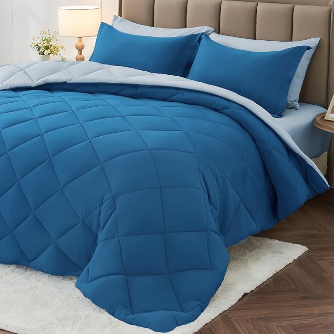 7 Pieces California King Comforter Set, Reversible Bed in a Bag Cal King Size, All Season Bedding Set with Comforter, Flat Sheet, Fitted Sheet, Pillowcases & Shams, Teal & Lake Blue