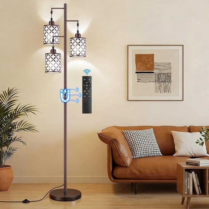 72" Dimmable Floor Lamp with Remote & Timer, Industrial Farmhouse Rustic Standing Lamp for Living Room Bedroom, 3 Individually Controlled Heads, 2 Height Options, 3 x LED Bulbs Included