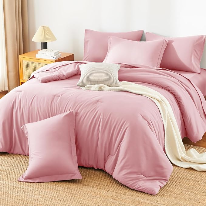 HIMEET Queen Comforter Set, 7-Piece Point-Quilted Bed in a Bag Pink | OEKO-TEX Certified, Lightweight 240 GSM Comforter, Flat Sheet, 14-Inch Deep-Pocket Fitted Sheet, Pillowcases & Shams