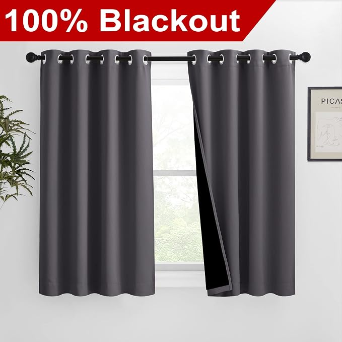 NICETOWN 100% Blackout Curtains with Black Liners, Solid Thermal Insulated Full Blackout 2-Layer Lined Drapes, Energy Efficiency Window Draperies for Bedroom (2 Panels, 46" W by 54" L, Grey)