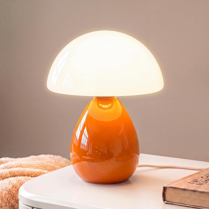 Mushroom Lamp Table Lamp for Bedroom-Small Desk Table Lamps,Orange | Ice Crackle 10.08" Mid Century Modern Table Lamps for Living Room Bedroom Decor,Ceramic Lamps for Home Room Decor,Glass Shade