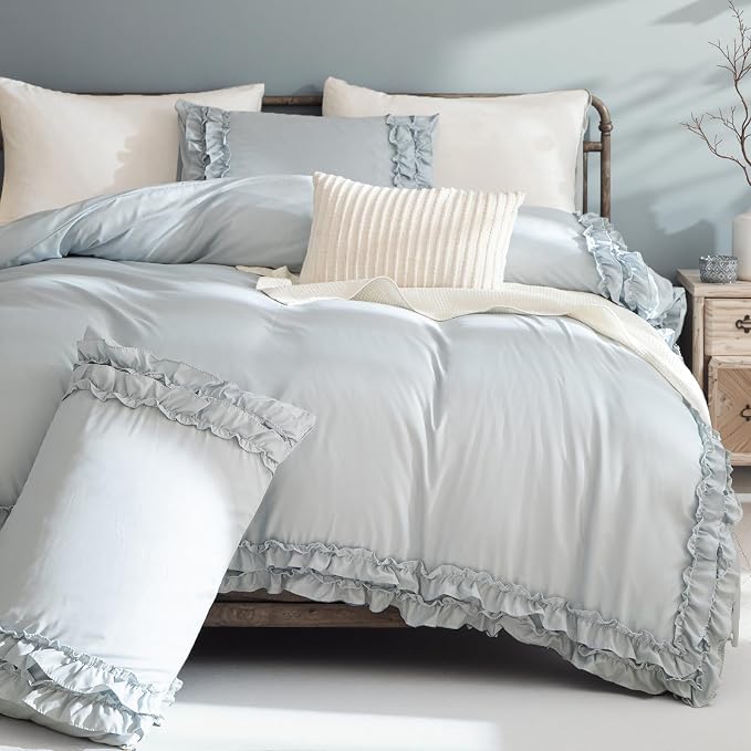 Bedrom Ruffled Queen Duvet Cover Set Blue Grey Bedding Set Shabby Chic Light Gray Boho Bedding Super Soft Lightweight Farmhouse Ruffle Duvet Cover Set for All Season