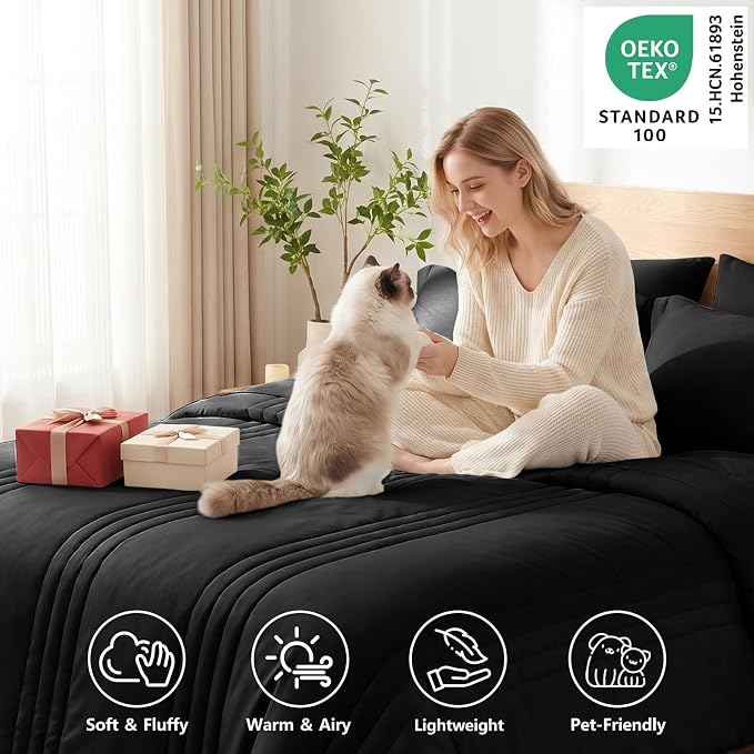 Super King Plus Comforter Set Black - Oversized 128x120 Bed Set | Maximum King-Bed Coverage, 240GSM Down-Alternative Fill, 14" Deep-Pocket Sheets, Shams & Pillowcases, Lightweight