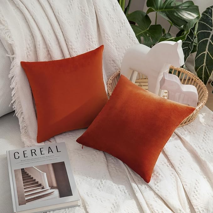 MIULEE Velvet Fall Throw Pillow Covers 12x12 Inch Pack of 2 Burnt Orange | Soft Solid Small Decorative Pillow Covers, Modern Luxury Home Decor, for Couch Chair Sofa Bedroom Livingroom Car