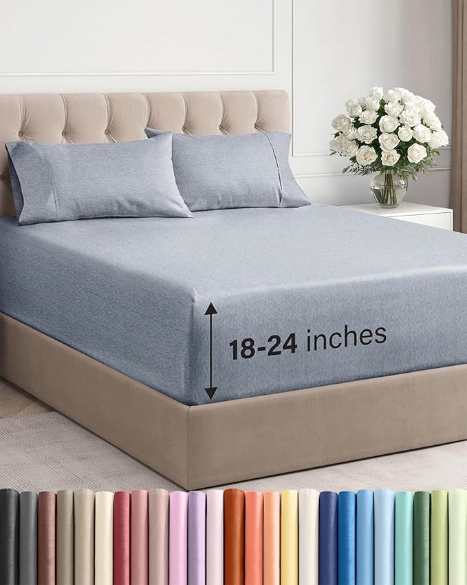 Extra Deep Queen Sheet Set - 4 Piece Breathable & Cooling - Heathered Blue | Easily Fits 18 to 24 inch Mattress - Ultra Soft, Wrinkle & Fade Free with Extra Deep Pockets - Comfy Hotel Luxury Bedding