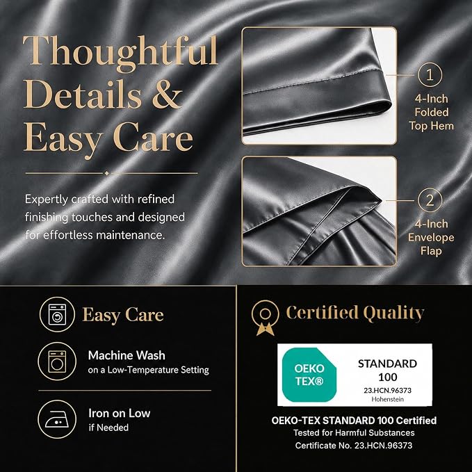 CozyLux Satin Sheets Queen, 4-Piece 14-Inch Deep Pocket Sheet Set | OEKO-TEX Certified Silky Soft Sheet Set for Hair & Skin, Luxurious Silky-Smooth Satin for Elegant Bedroom Decor, Dark Grey