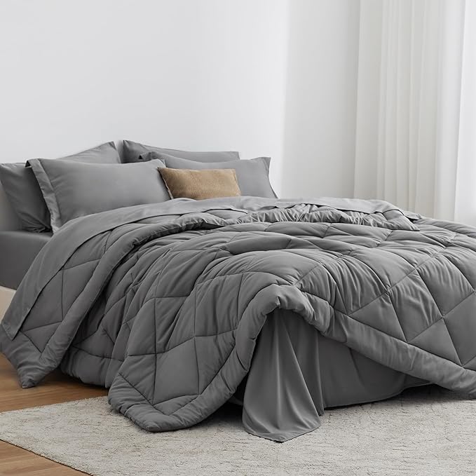 Love's cabin Oversized Queen Comforter Set, 7 Pieces Bed in a Bag, All Season Bedding Sets with 1 Comforter, 1 Flat Sheet, 1 Fitted Sheet, 2 Pillowcase and 2 Pillow Sham, Dark Grey