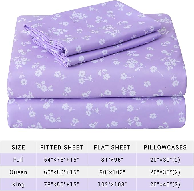 Viviland King Sheet Set - 4 Piece Cute Purple and White Flower Patterned Bed Sheets - Soft, Breathable Microfiber Sheets with Deep Pocket, Non-Slip Fitted Sheets & Pillowcases