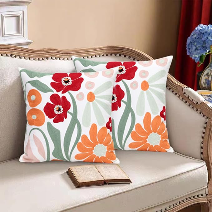Pack of 2 Embroidered Decorative Throw Pillow Cover 18x18 Inch Farmhouse Floral Pillowcase for Living Room Sofa Bed (Romantic Flower)