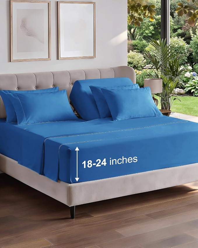 Extra Deep Flex Top Split Head King Sheet Set - 6 Piece Breathable and Cooling Sheets - Hotel Luxury Bedding for Women, Men, Kids & Teens - Easy Secure Fit - Extra Deep Pockets - Royal Blue