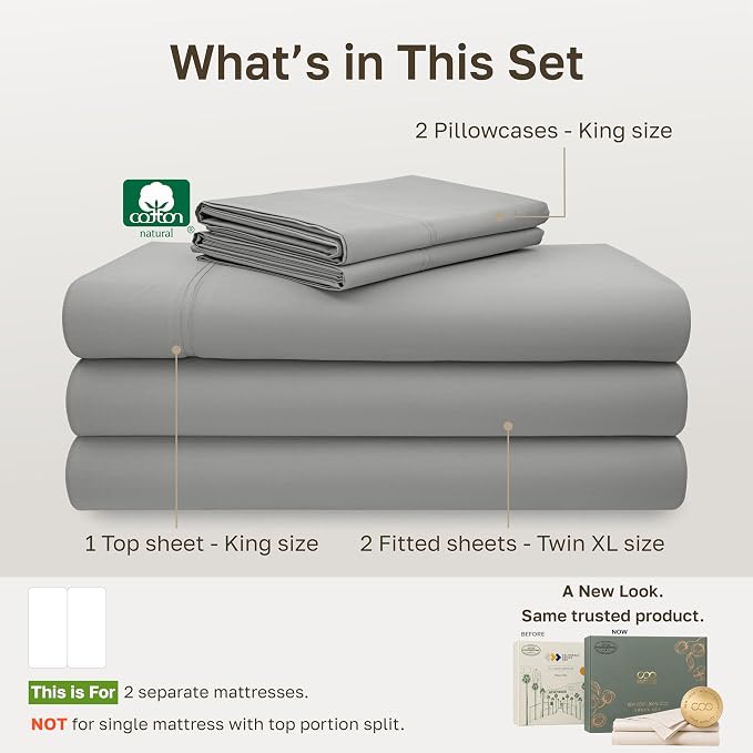 California Design Den 600 Thread Count Split King Bed Sheet Set, 5 Pcs Set | 100% Cotton Sateen, Good Housekeeping Seal, Split King Sheets Sets for Adj. Bed with 2 Sep. Twin-XL Mattresses - Light Grey