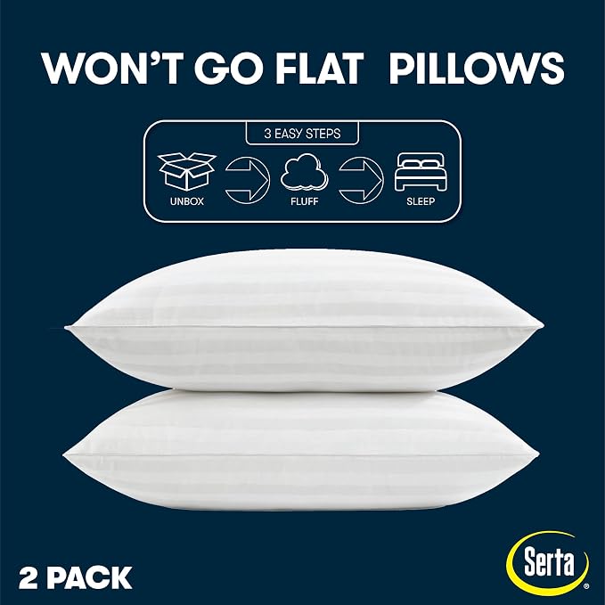 Serta Won't Go Flat Down Alternative Bed Pillows, Extra Life Foam Core with Medium Support, Perfect for Back, Stomach or Side Sleepers (2 Pack), King, White