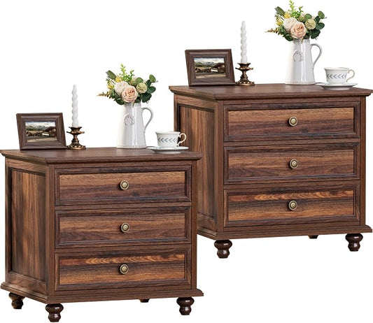 Joaxswe 24" Wide Farmhouse Night Stand Set of 2,Large End Table with 3 Drawers & Metal Handle,Wood Dresser for Bedroom,Bed Side Table Chest of Drawers Cabinet,Brown Nightstand for Living Room,Closet
