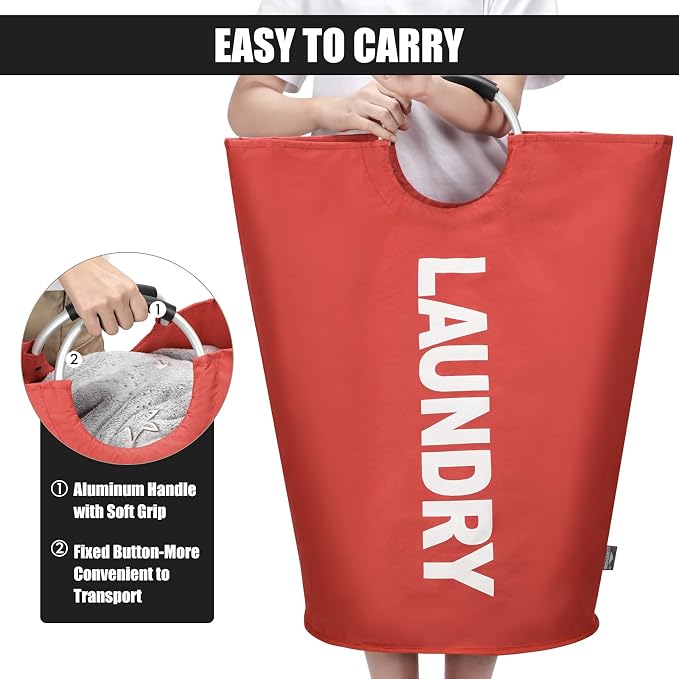 DOKEHOM 125L X-Large Laundry Basket Bag, Collapsible Tall Hamper, Red | Freestanding tall washing bin & foldable laundry bag. Extra large clothes storage basket with durable sturdy handles