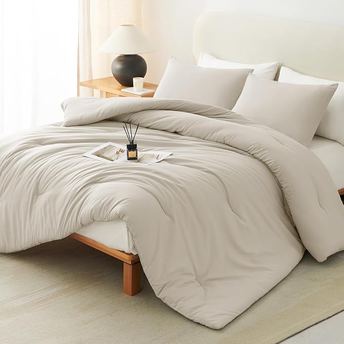 Full Comforter Set, 3 Pieces Down Alternative Bedding, Oatmeal | 270 GSM All Season Comforter with 4 Corner Ties for Use as a Duvet Insert, OEKO-TEX Certified, 2 Pillowcases, 82 x 86 in