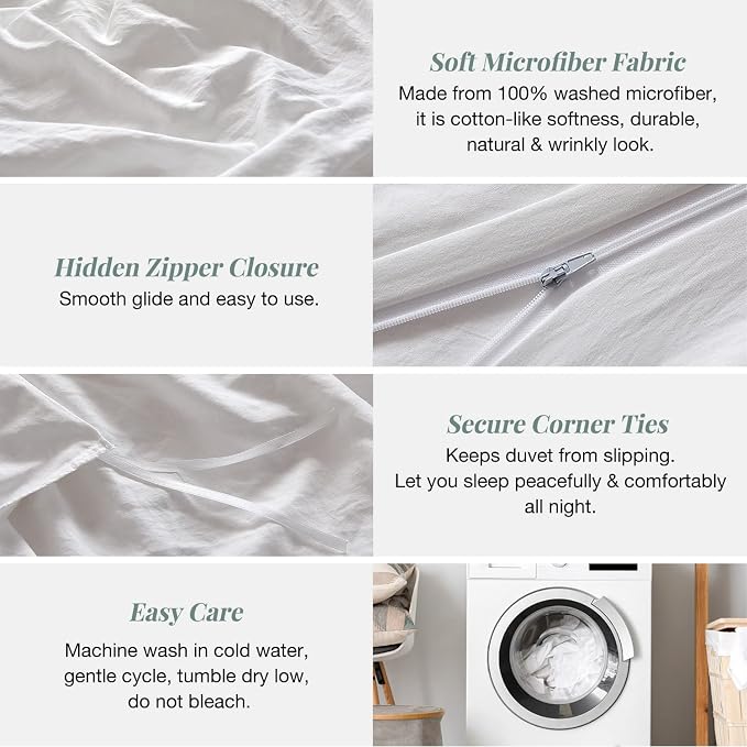 MILDLY Duvet Cover Cal King Ultra Soft Comforter Cover Set 3pcs, White | Washed Microfiber Cotton-Like, Breathable Comfort, Hidden Zipper, Corner Ties, OEKO-TEX Certified, Fade Resistant