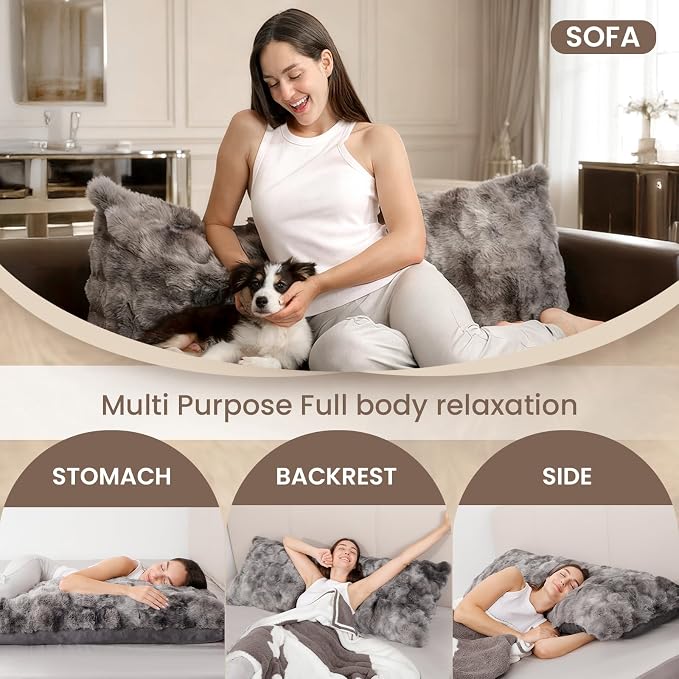 ZonLi Fluffy Body Pillow for Adults, Fuzzy Faux Fur Long Pillow with Shredded Memory Foam, Adjustable Support for Side Sleepers, Gifts, 20 x 54 Inch, Dark Grey