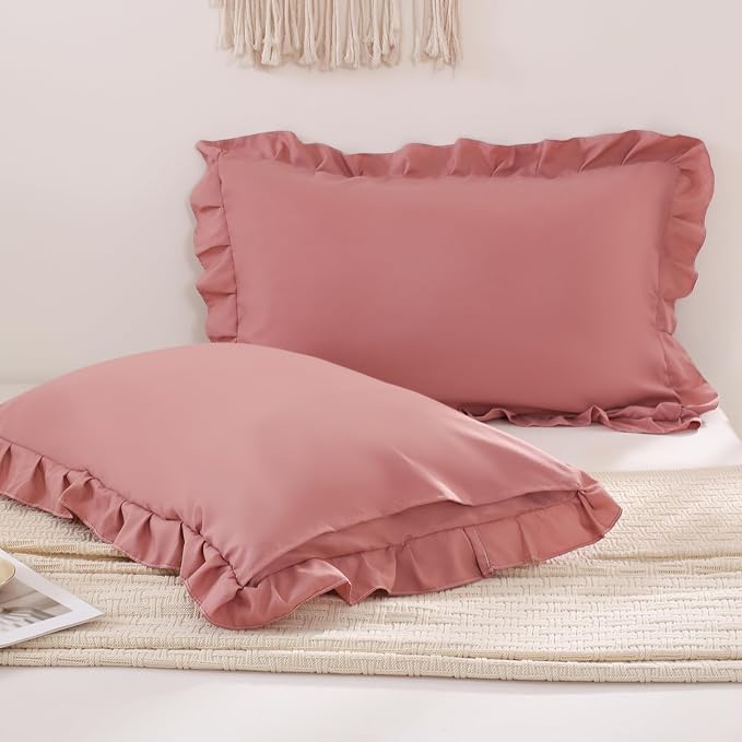 Pink Mocha Pillow Shams Cute Ruffle Queen Pillowcases Solid Pillow Cover Set of 2 Shabby Chic Soft Pink Pillowcases 2 Pack (Queen (20''x30''), Pink Mochae)