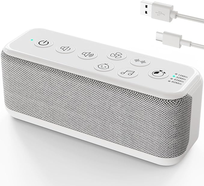 White Noise Machine, Sound Machine for Office Privacy, Sleep and Focus | 42 Non-Looping Sounds, 3000mAh USB-Rechargeable Battery, Dual Speakers, Auto-Off Timer, 8 Volume Levels and Memory