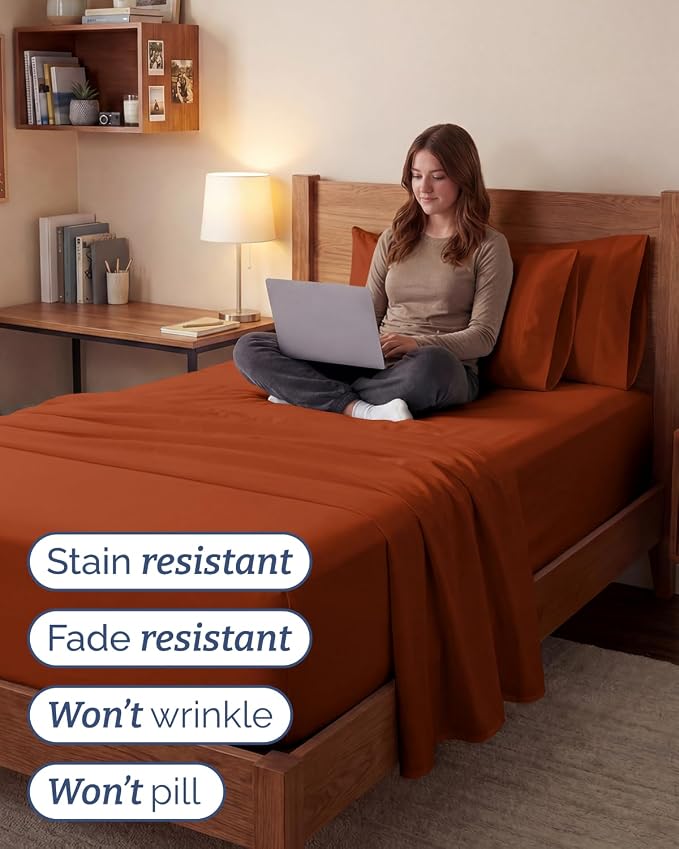 Extra Deep Twin XL Sheet Set - 4 Piece College Dorm Room - Terracotta | College Dorm Room Essentials, Easy & Secure Fit, Ultra-Soft, Wrinkle & Fade Free, Comfy Sheets Set with Extra Deep Pockets