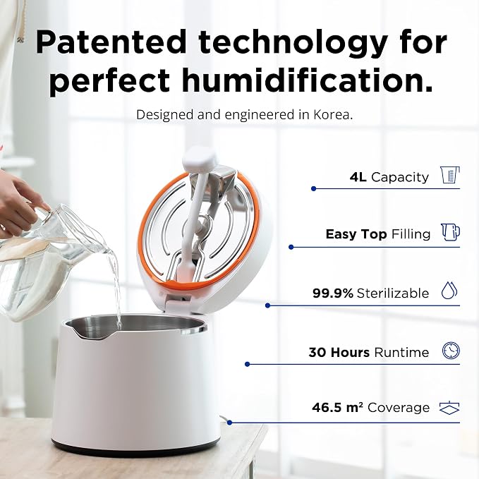 Carepod One Stainless Steel Humidifier for Large Room, Quiet & Safe for Baby, Only 3 Washable Parts & Easy to Clean, Ultrasonic Cool Mist Humidifiers for Bedroom, Filter-Free, Lasts 30Hrs (1Gal/4L)
