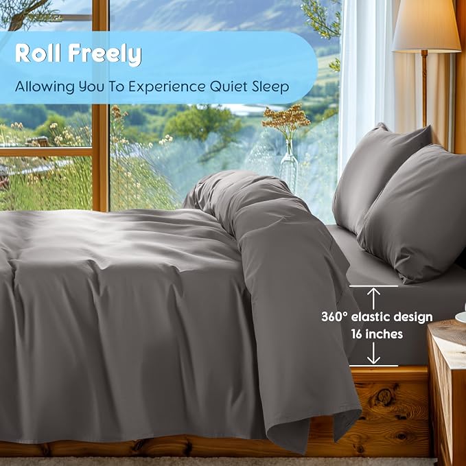 SONORO KATE 1000 Series 100% Egyptian Cotton Full Sheet Set,4 Pieces | Soft,Breathable Long Staple,Sateen Weave,Luxury 5-Star Hotel Bed Sheets,16" Deep Pocket,Dark Grey