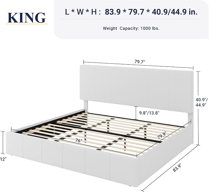 Allewie King Size Dutch Velvet Upholstered Platform Bed Frame/Vertical Channel Tufted Adjustable Headboard/Low Profile Bed Frame/No Box Spring Needed/Easy Assembly/White