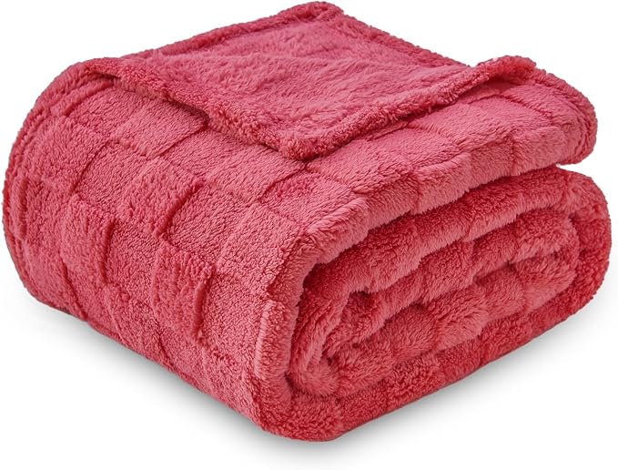 NEWCOSPLAY 3D Checkered Flannel Queen Blanket, Coral Pink, 90"x90" | Super Soft Cute Lightweight Decorative Premium Silky Fleece Blanket for Couch Sofa Bed, Gift for Women Men, All Season Use