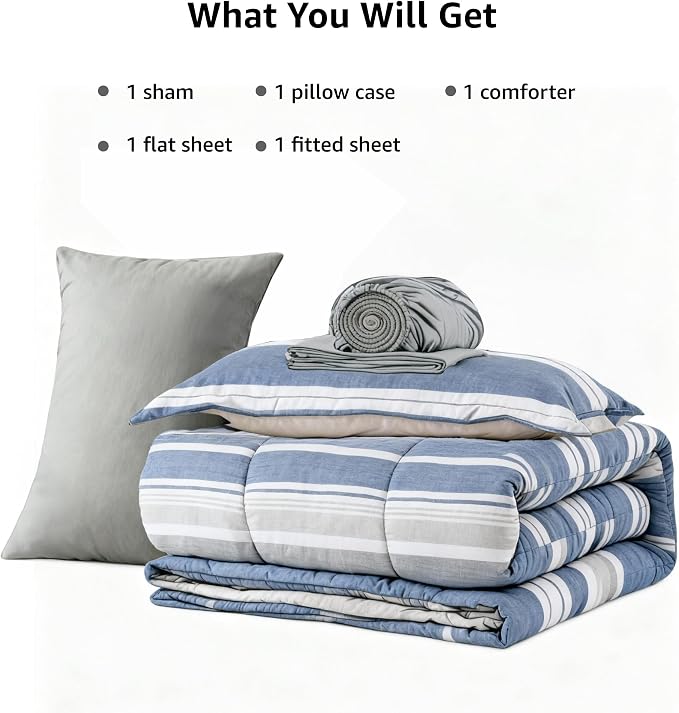Monbix Twin XL Comforter Set-5 Piece Striped Bed in a Bag Twin Bedding Sets | All Season Ocean Blue Reversible Soft Comforter with Sheets, Pillowcases & Shams, College Dorm Essentials