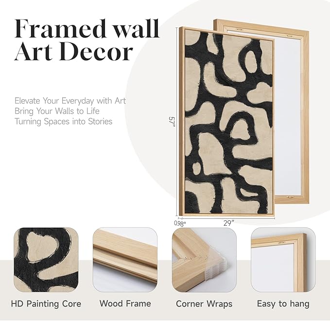 Large Framed Modern Abstract Horizontal Wall Art for Living Room, 60x30 In | Extra Large, Black and beige, Modern, Minimalist, Canvas artwork, Dining room decor, Bedroom art, Office decor, Ready to hang