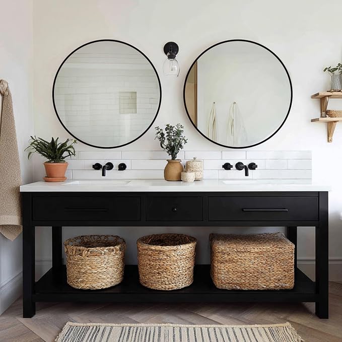 Black Round Mirror 26 inch, 2 Pack Wall Mirror, Matte Metal Frame | High Definition Mirror, Rust-resistant, Suitable for Bedroom, Entryway, Living Room, Hallway, Wall Décor