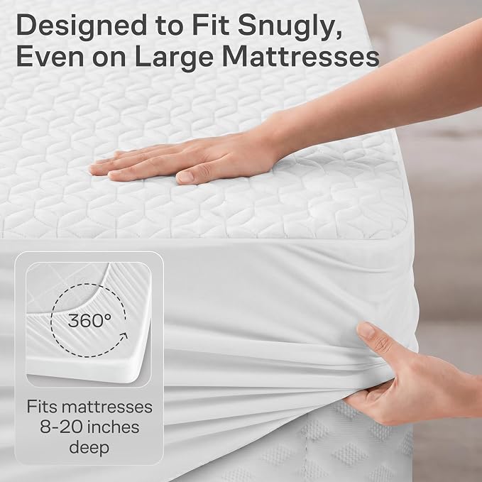 100% Waterproof Noiseless & Cooling Mattress Protector - Queen Size - White | Viscose Made from Bamboo, 360 Protection Against Spills, Stains, & Accidents, 20" Deep Pocket, For Parents & Pet Owners