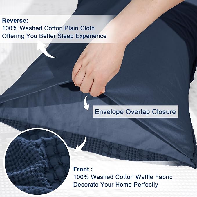 PHF 100% Cotton Waffle Pillow Shams King Size, 2 Pack 20" x 36" Soft Skin-Friendly Pillowcases, No Filling, Aesthetic Woven and Breathable Waffle Weave Pillow Case Covers for Bed, Blue Sapphire