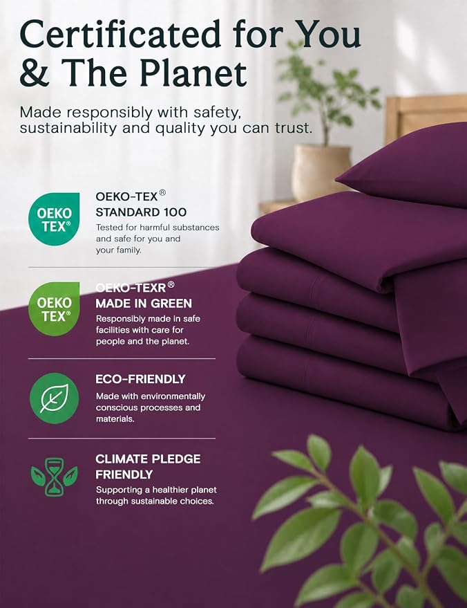 LuxClub California King Sheets Sets, Deep Pocket Cal King Sheet Bed Sheets 4PC, Cooling Sheet Cal King Size, Soft Breathable Hotel Bedding, Silky Fitted Sheet & Pillowcase Sets, Eggplant | LuxClub Silky Fitted Sheet & Pillowcase Sets, Breathable Hotel ...